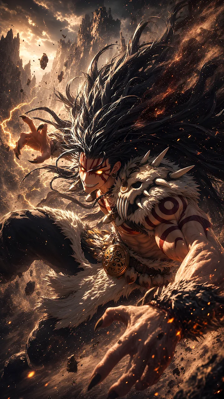 Download Anime Berserker Warrior Dynamic Action 4K Wallpaper in Mobile HD Fierce anime warrior with wild black hair, glowing eyes, and bone armor lunging forward surrounded by embers.