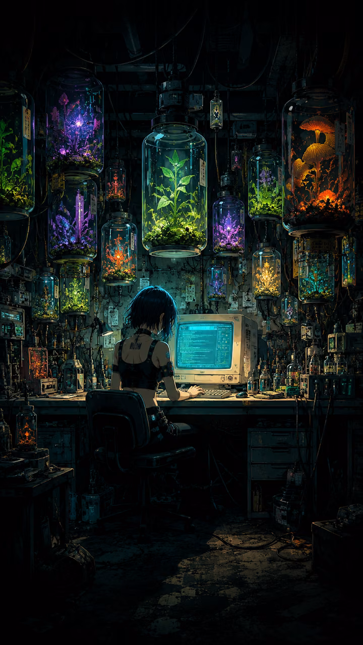 Anime Biotech Lab Cyberpunk Workshop Wallpaper - Free Mobile AMOLED Wallpaper Background
