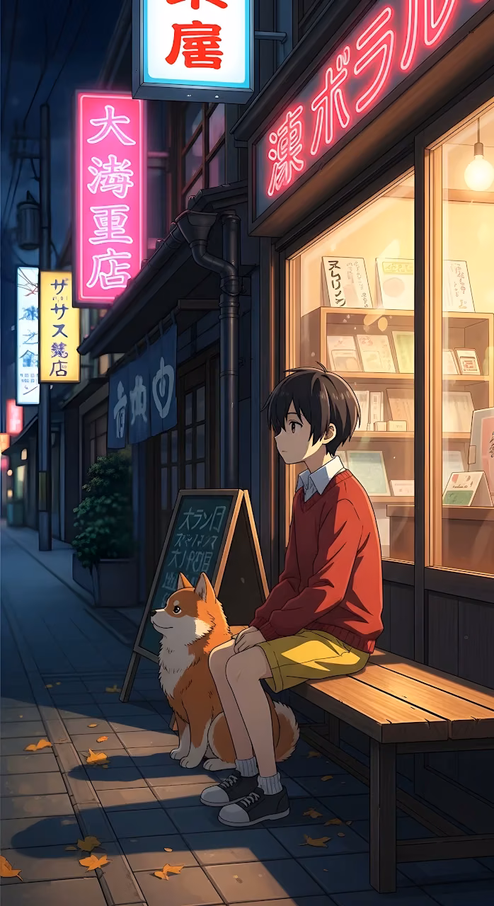 Download Anime Boy Dog Japanese Street Night Neon Signs Cozy Vibe Wallpaper in Mobile HD Anime Boy Dog Japanese Street Night Neon Signs Cozy Vibe - Free Mobile AMOLED Wallpaper Background