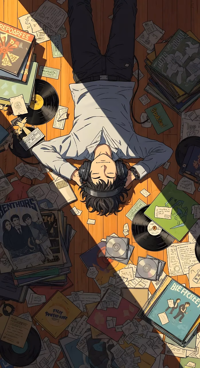 Anime Boy Surrounded By Vinyl Records Music Lover - Free Mobile AMOLED Wallpaper Background