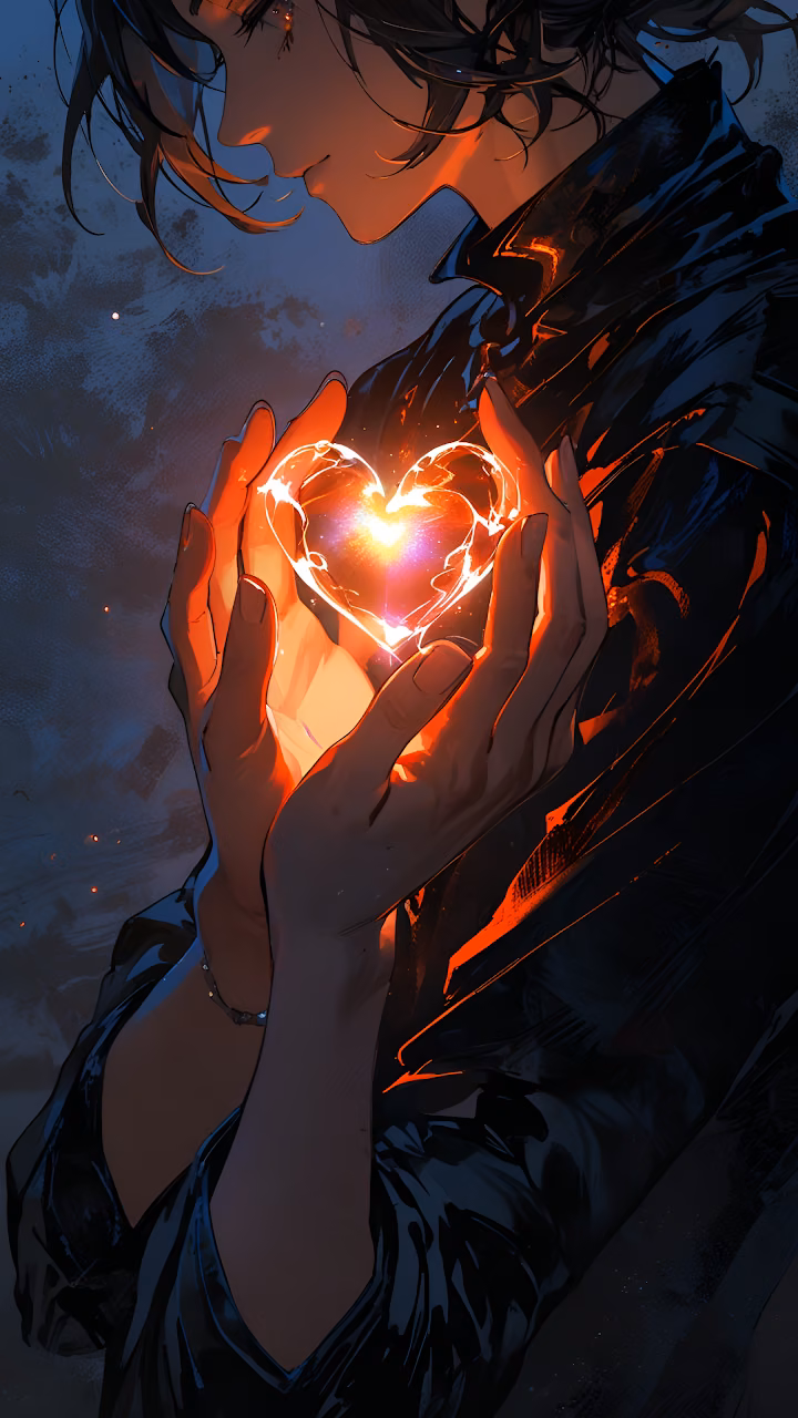 Anime Character Holding Glowing Neon Heart Illustration - Free Mobile AMOLED Wallpaper Background