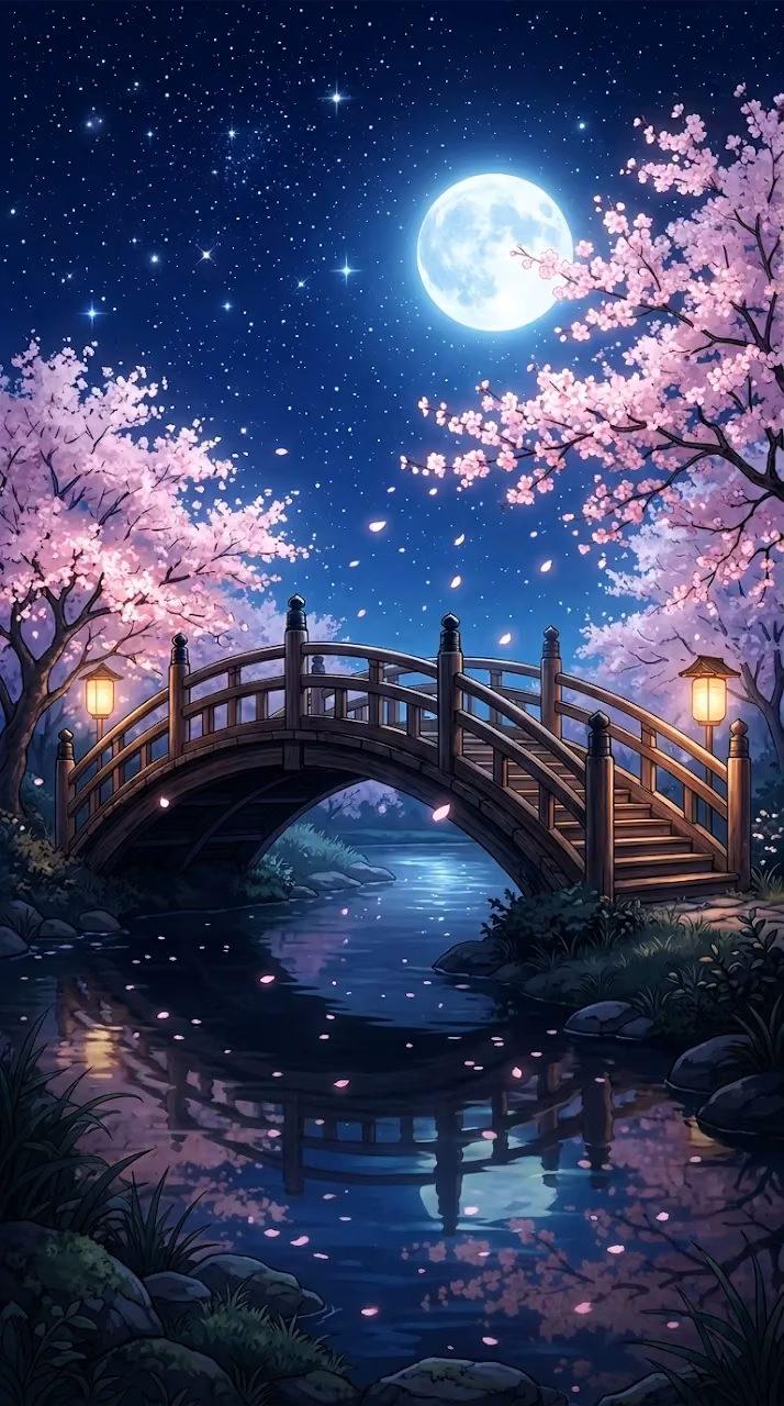 Download Anime Cherry Blossom Moonlit Traditional Wooden Bridge Wallpaper Wallpaper in Mobile HD Anime Cherry Blossom Moonlit Traditional Wooden Bridge Wallpaper - Free Mobile AMOLED Wallpaper Background
