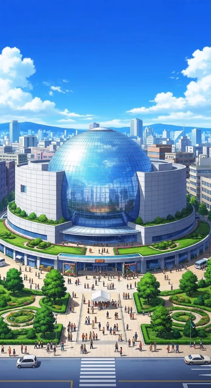Download Anime City Plaza with Large Glass Dome Museum Building Wallpaper in Mobile HD Anime City Plaza with Large Glass Dome Museum Building - Free Mobile AMOLED Wallpaper Background