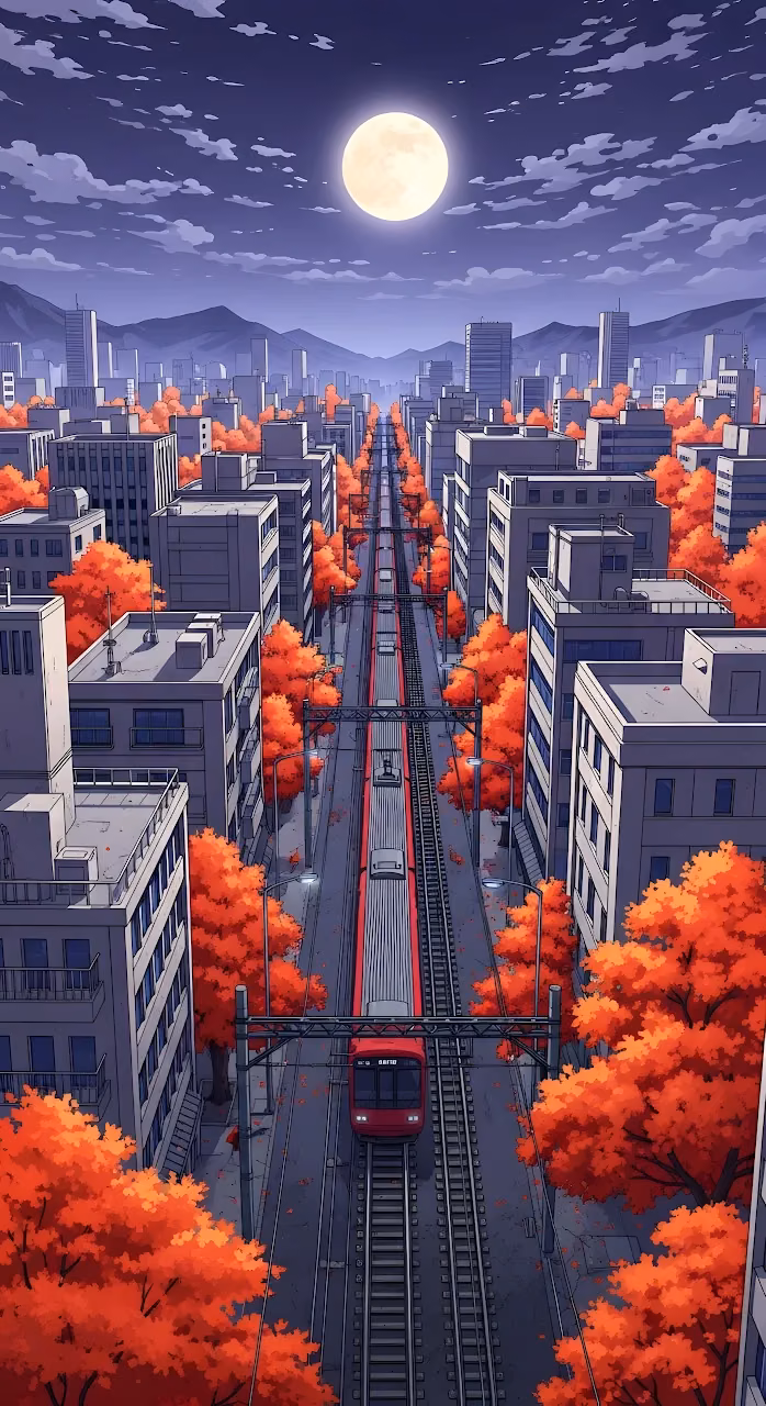 Download Anime City Street with Autumn Trees and Full Moon Train Wallpaper in Mobile HD Anime City Street with Autumn Trees and Full Moon Train - Free Mobile AMOLED Wallpaper Background