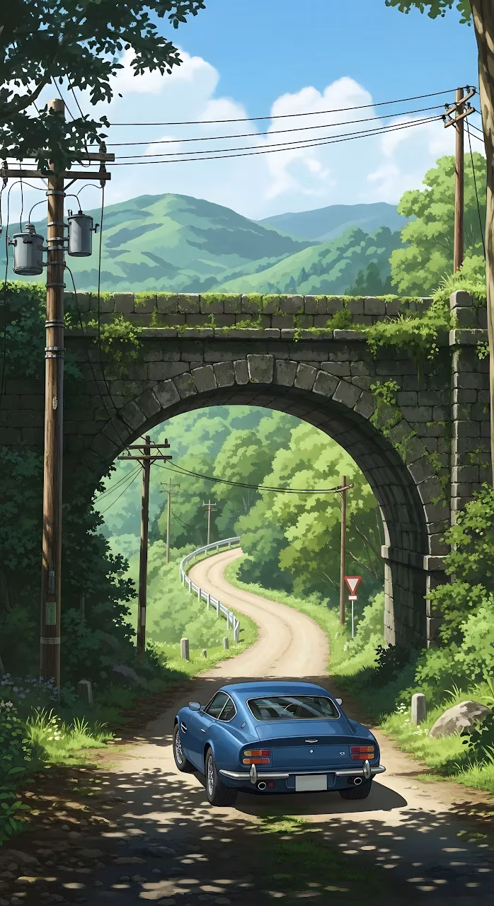 Anime Country Road Vintage Car Stone Arch Ghibli Style - Free Mobile AMOLED Wallpaper Background