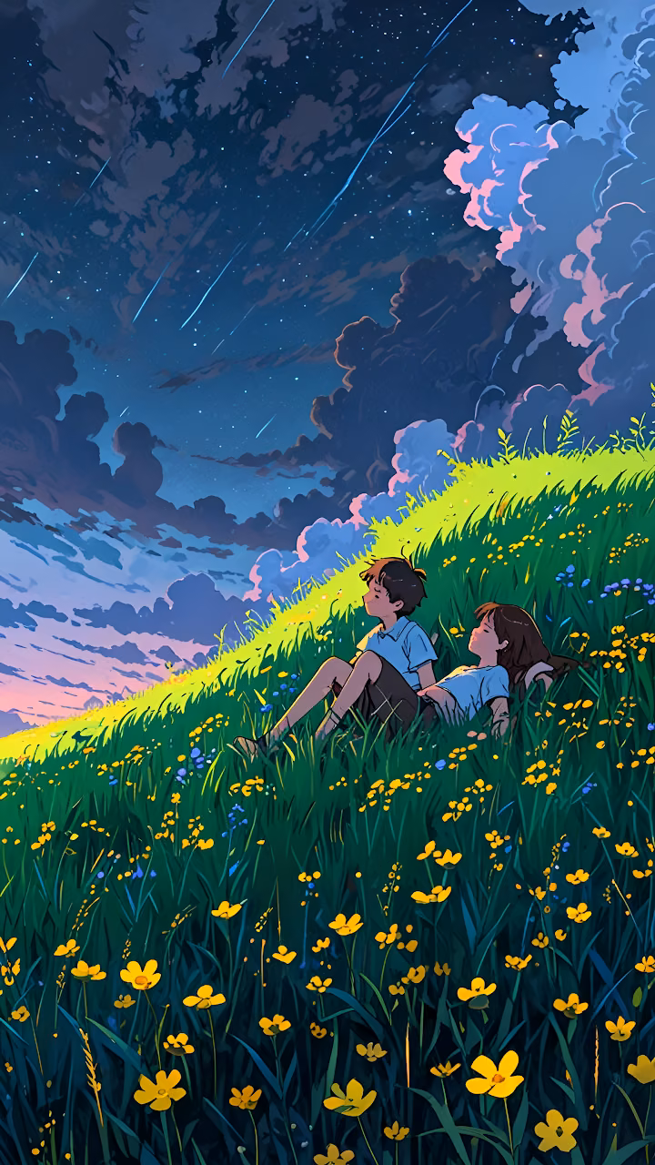 Download Anime Couple Stargazing on Flowery Hill, Cinematic Night Sky Wallpaper in Mobile HD Anime Couple Stargazing on Flowery Hill, Cinematic Night Sky - Free Mobile AMOLED Wallpaper Background