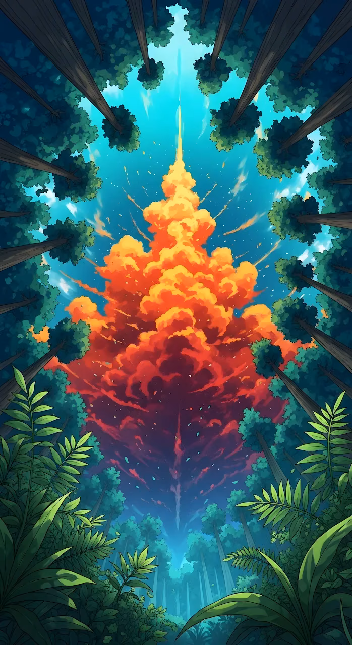 Anime Forest Canopy Framing a Fiery Sky Cloud Burst - Free Mobile AMOLED Wallpaper Background