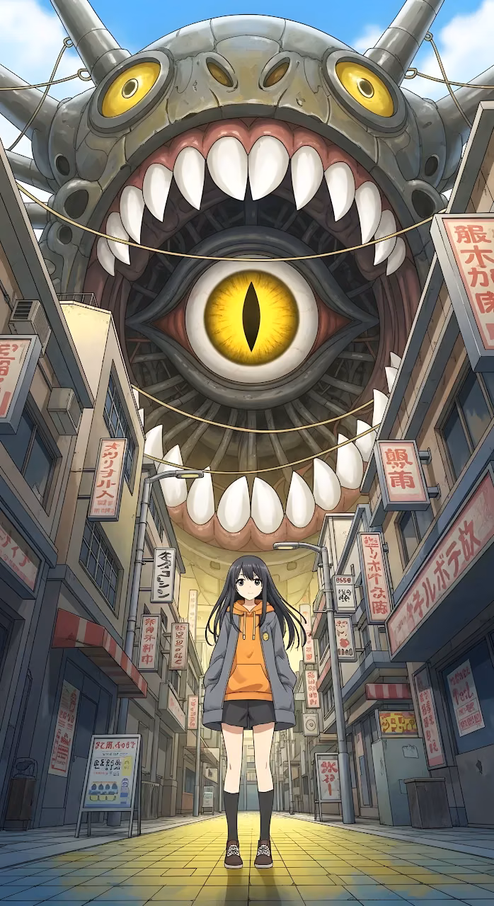 Anime Girl Facing Giant Mechanical Monster in City Street - Free Mobile AMOLED Wallpaper Background