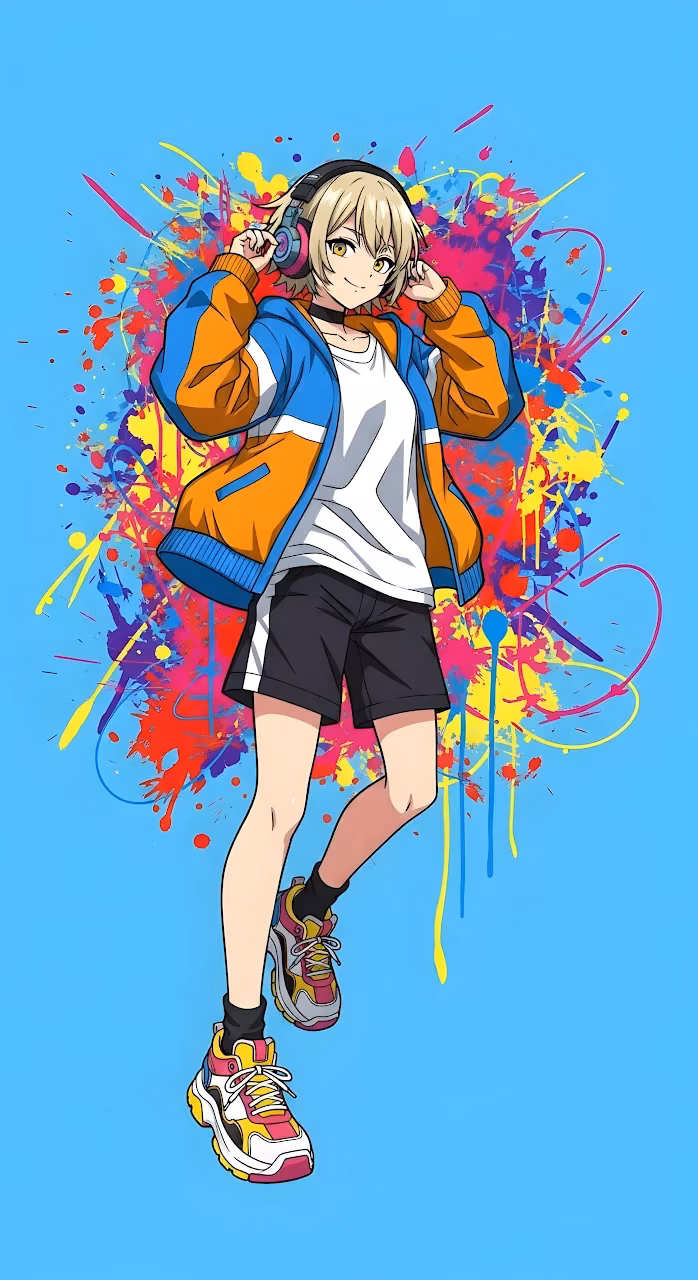 Download Anime Girl with Headphones and Street Art Splatter Background Wallpaper in Mobile HD Anime Girl with Headphones and Street Art Splatter Background - Free Mobile AMOLED Wallpaper Background