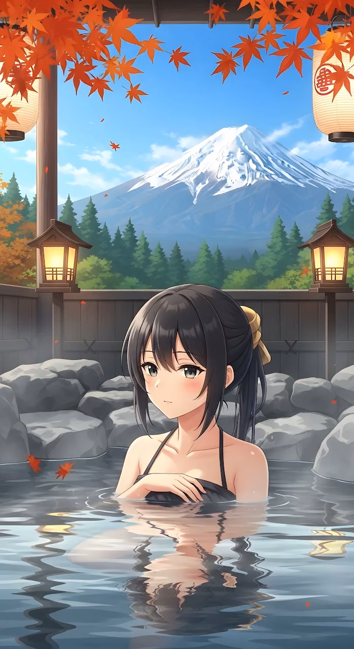 Anime Girl Relaxing in an Autumn Onsen Hot Spring - Free Mobile AMOLED Wallpaper Background