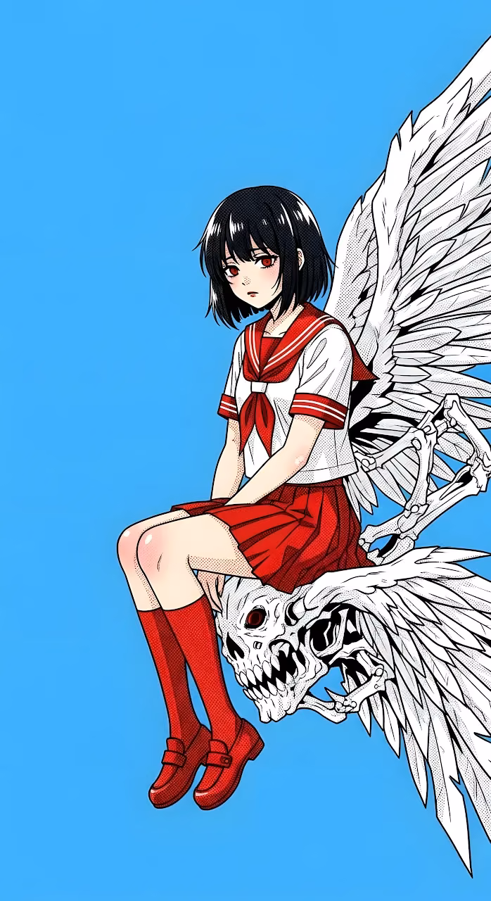 Download Anime Girl in Sailor Uniform Sitting on Winged Skull Wallpaper in Mobile HD Anime Girl in Sailor Uniform Sitting on Winged Skull - Free Mobile AMOLED Wallpaper Background