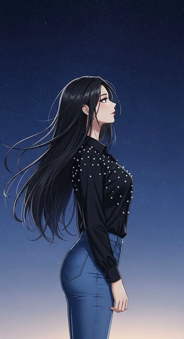 Download Anime Girl Stargazing Against Dark Night Sky Wallpaper in Mobile HD Anime Girl Stargazing Against Dark Night Sky - Free Mobile AMOLED Wallpaper Background