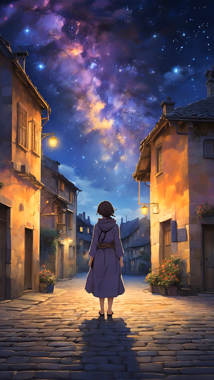 Anime Girl Stargazing Cobblestone Village Nebula Sky - Free Mobile AMOLED Wallpaper Background