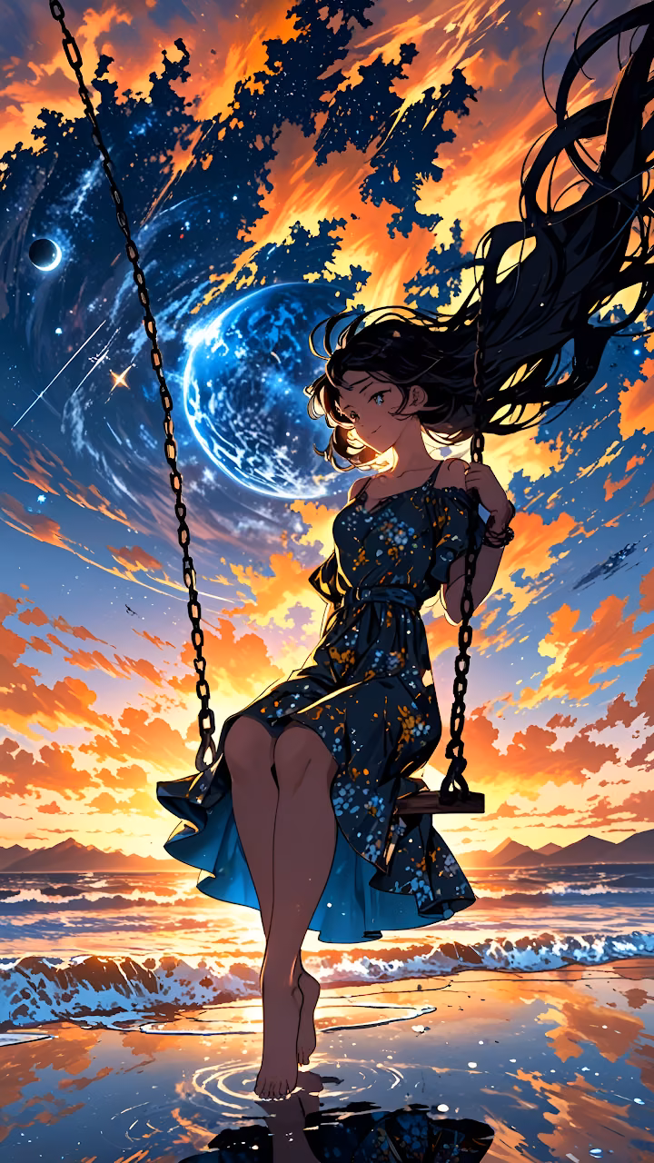 Download Anime Girl Swinging Over Ocean with Cosmic Sunset Sky Wallpaper in Mobile HD Anime Girl Swinging Over Ocean with Cosmic Sunset Sky - Free Mobile AMOLED Wallpaper Background