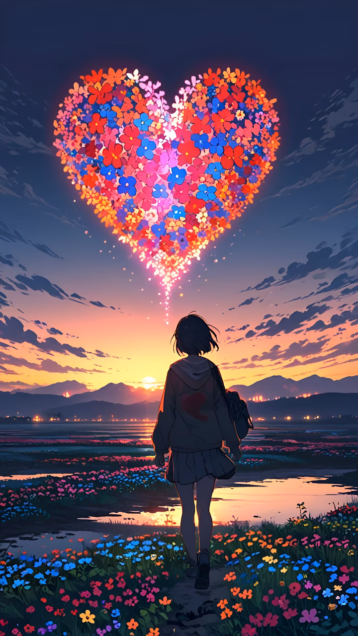 Anime Girl Walking Towards Glowing Floral Heart Sunset - Free Mobile AMOLED Wallpaper Background