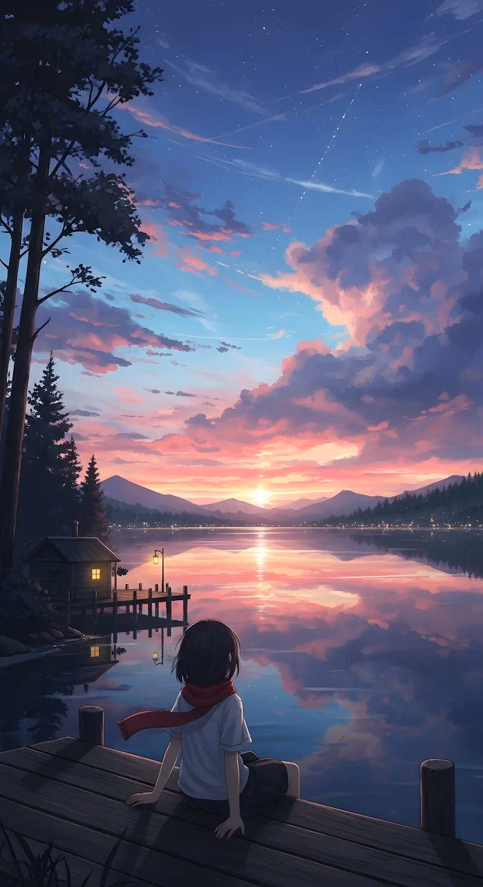 Anime Girl Watching Sunset Reflection on Mountain Lake - Free Mobile AMOLED Wallpaper Background
