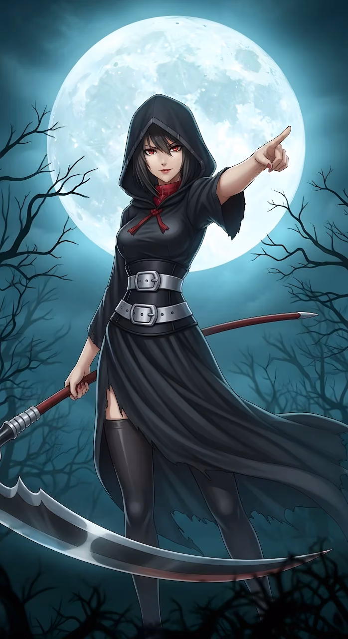 Anime Grim Reaper Girl with Scythe and Full Moon - Free Mobile AMOLED Wallpaper Background
