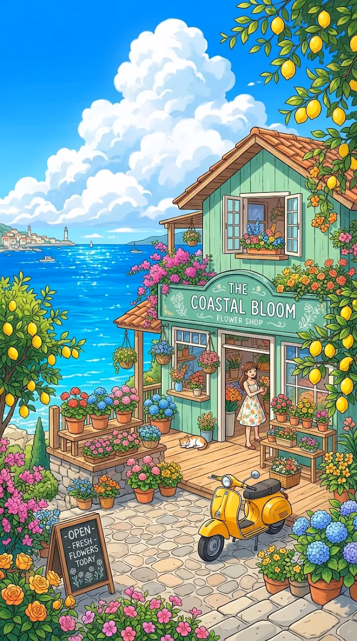 Download Anime Illustration of a Sunny Flower Shop by the Ocean with a Scooter Wallpaper in Mobile HD Anime Illustration of a Sunny Flower Shop by the Ocean with a Scooter - Free Mobile AMOLED Wallpaper Background