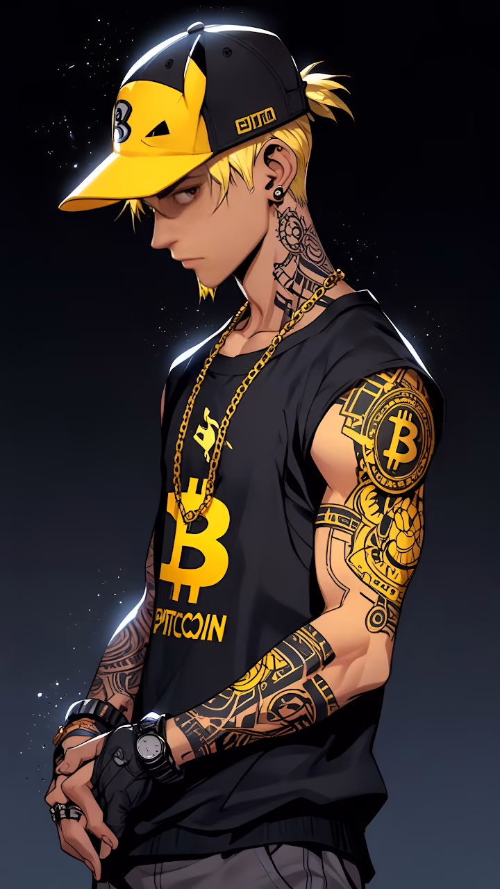 Anime Man with Bitcoin Tattoos and Gold Chain in Space - Free Mobile AMOLED Wallpaper Background