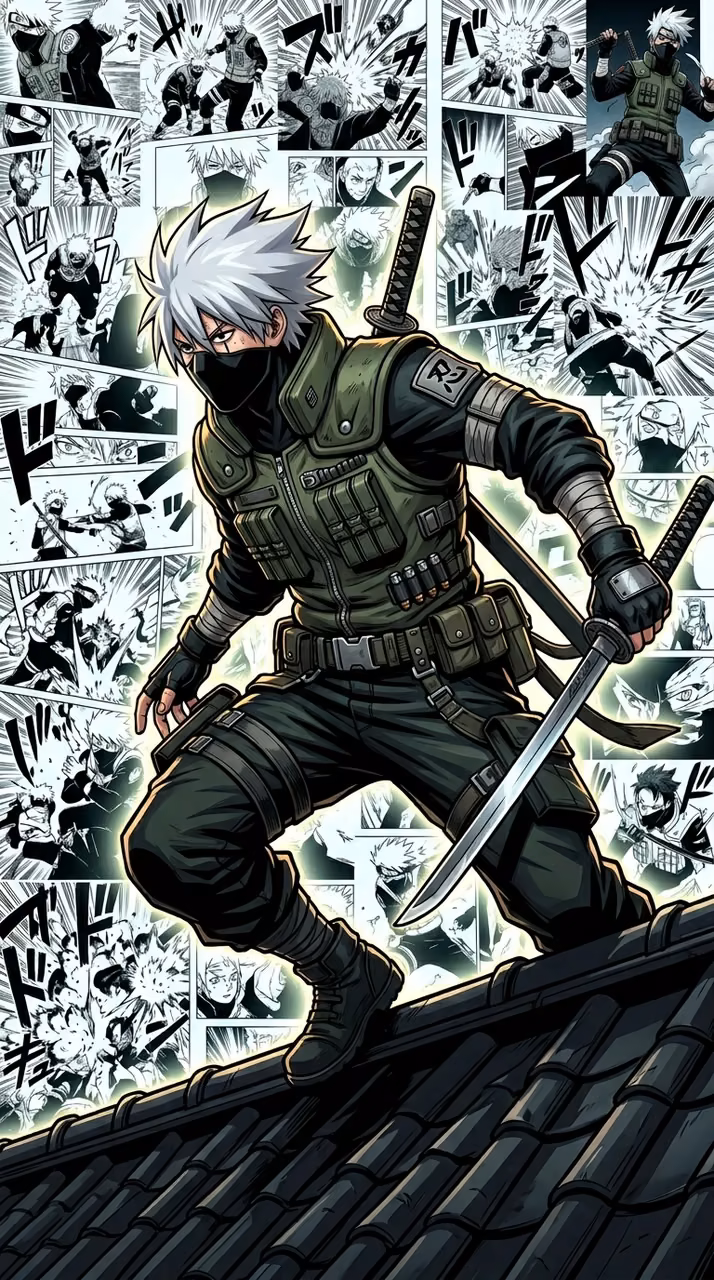 Anime Ninja Portrait with Spiky White Hair Against Manga Panel Background - Free Mobile AMOLED Wallpaper Background