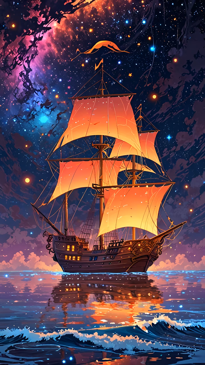 Anime Pirate Ship Sailing Under Colorful Cosmic Nebula Sky - Free Mobile AMOLED Wallpaper Background