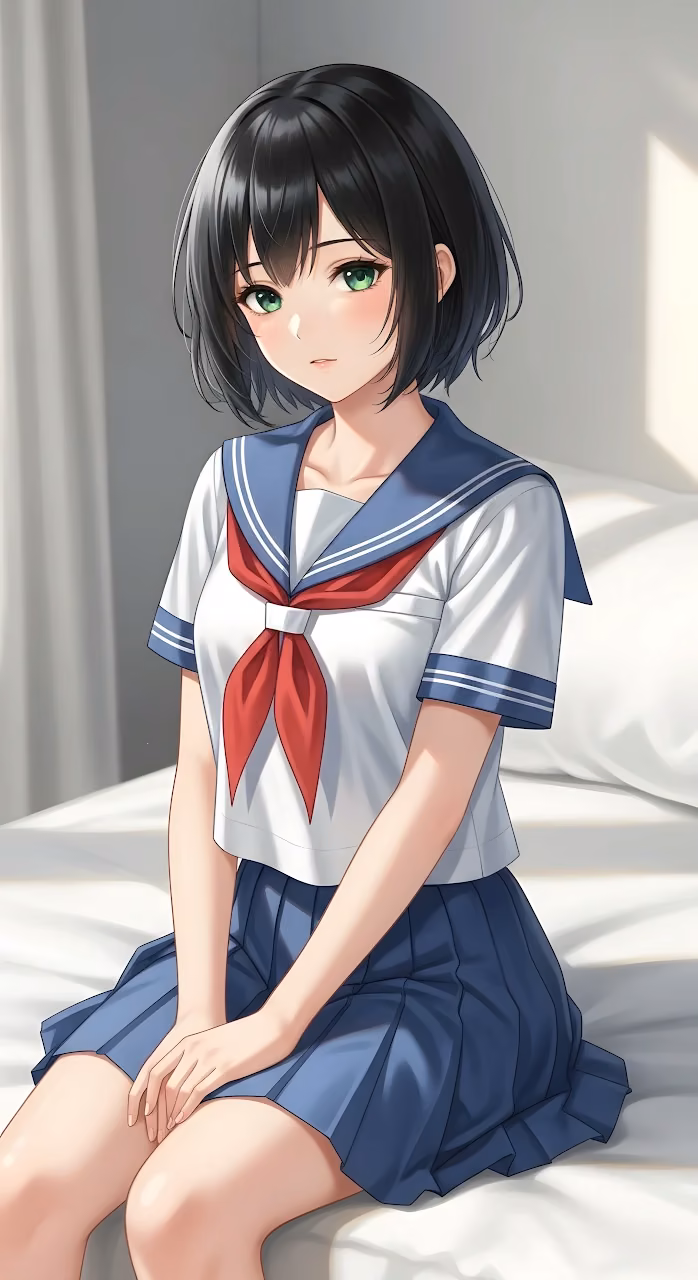 Anime Schoolgirl Sitting on Bed, Sailor Uniform Style - Free Mobile AMOLED Wallpaper Background