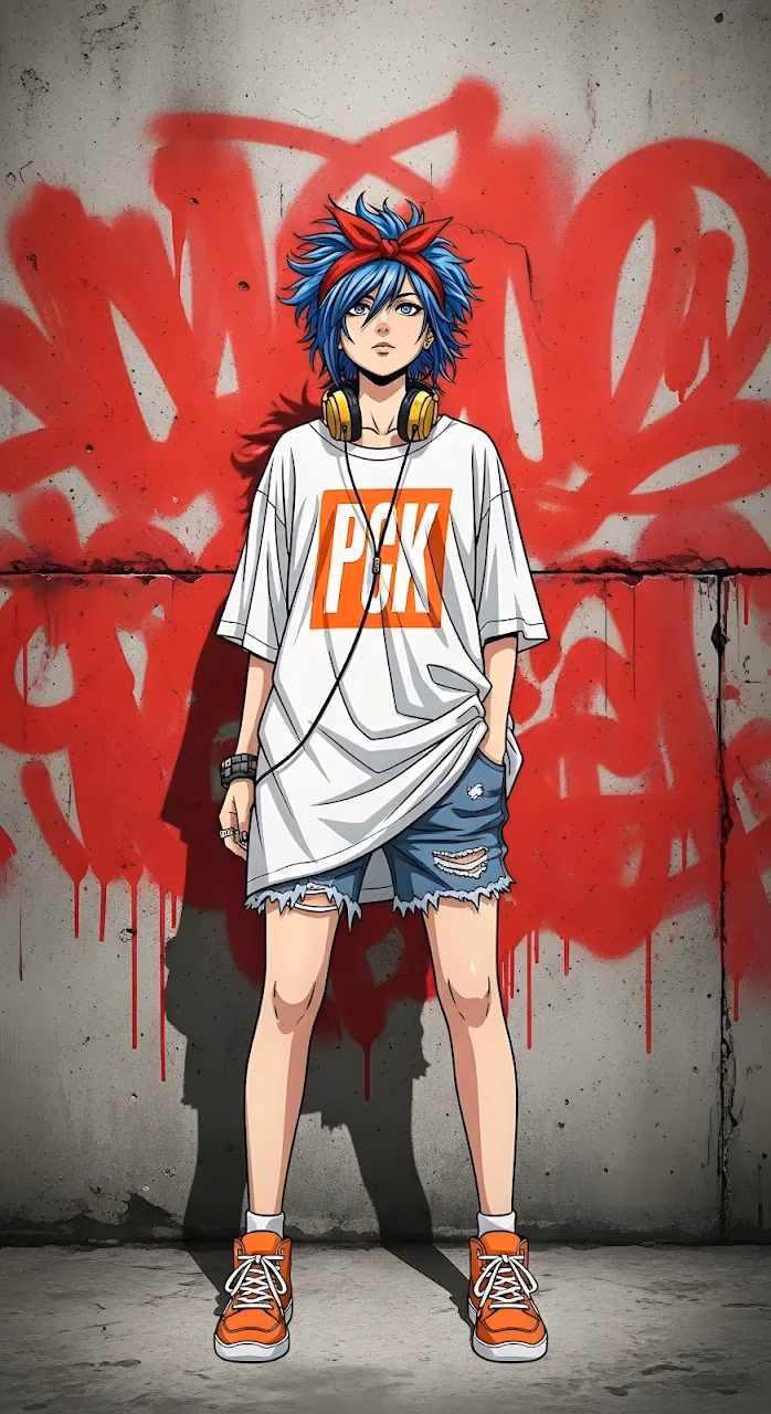 Anime Street Style Youth Against Red Graffiti Wall - Free Mobile AMOLED Wallpaper Background
