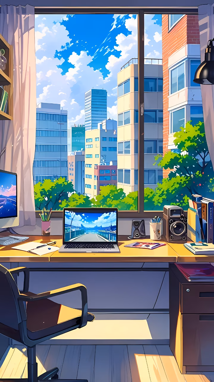 Anime Study Desk View of Bright Urban Skyline on Sunny Day - Free Mobile AMOLED Wallpaper Background