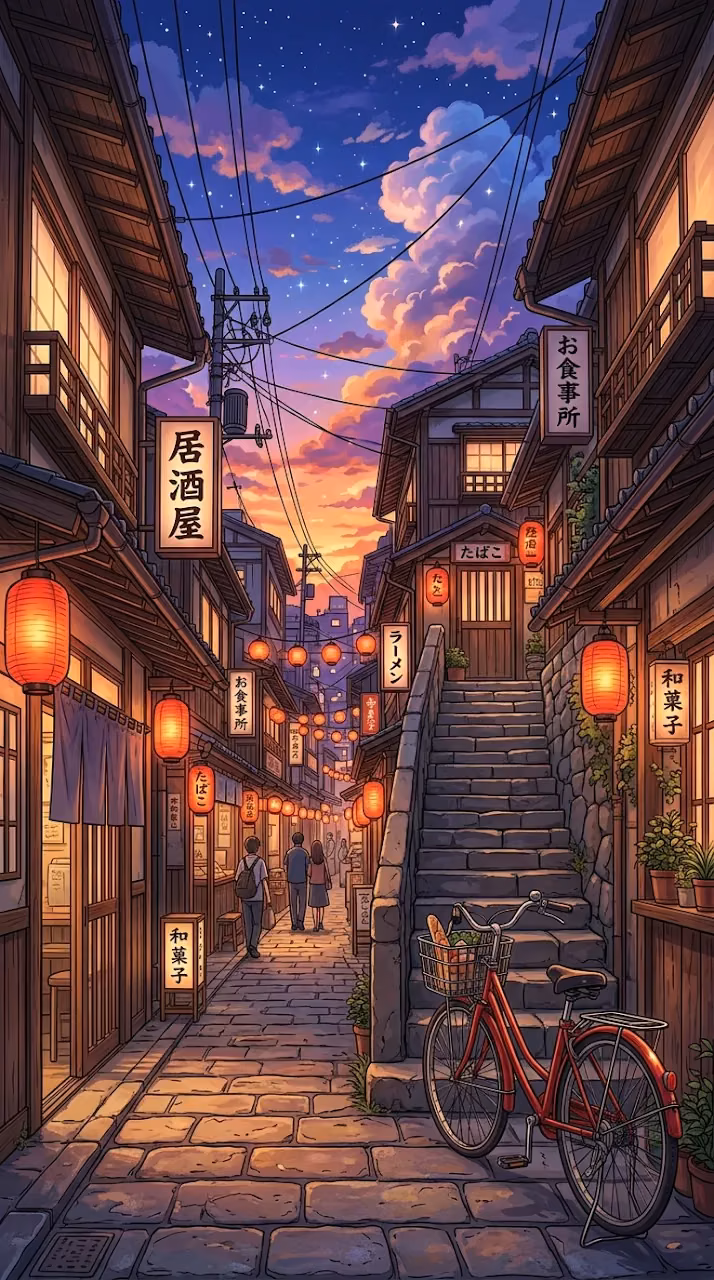 Anime Style Alleyway in Japan with Glowing Shops and Sunset Clouds - Free Mobile AMOLED Wallpaper Background