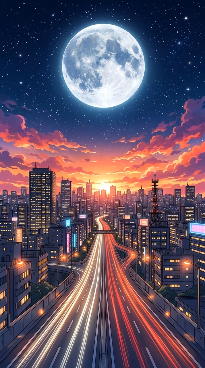 Download Anime Style Cityscape at Sunset with Full Moon and Skyscrapers Wallpaper in Mobile HD Anime Style Cityscape at Sunset with Full Moon and Skyscrapers - Free Mobile AMOLED Wallpaper Background