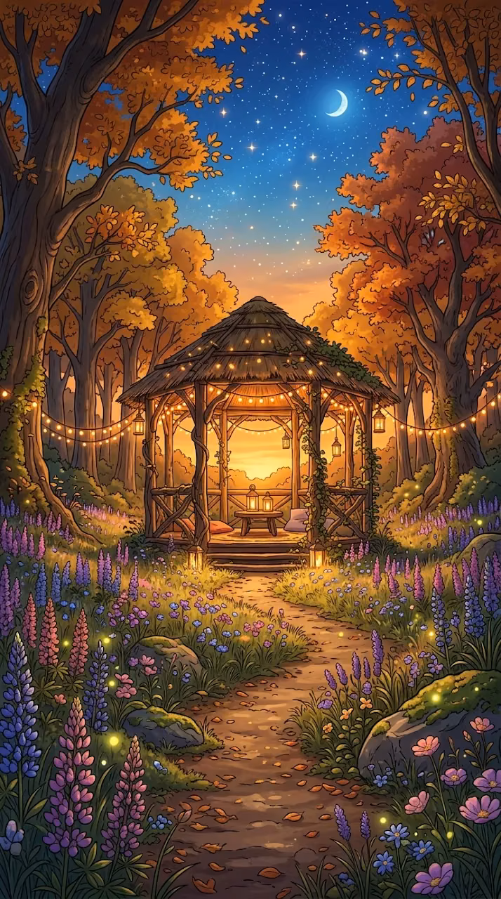Anime Style Forest Clearing with Glowing Gazebo at Dusk - Free Mobile AMOLED Wallpaper Background