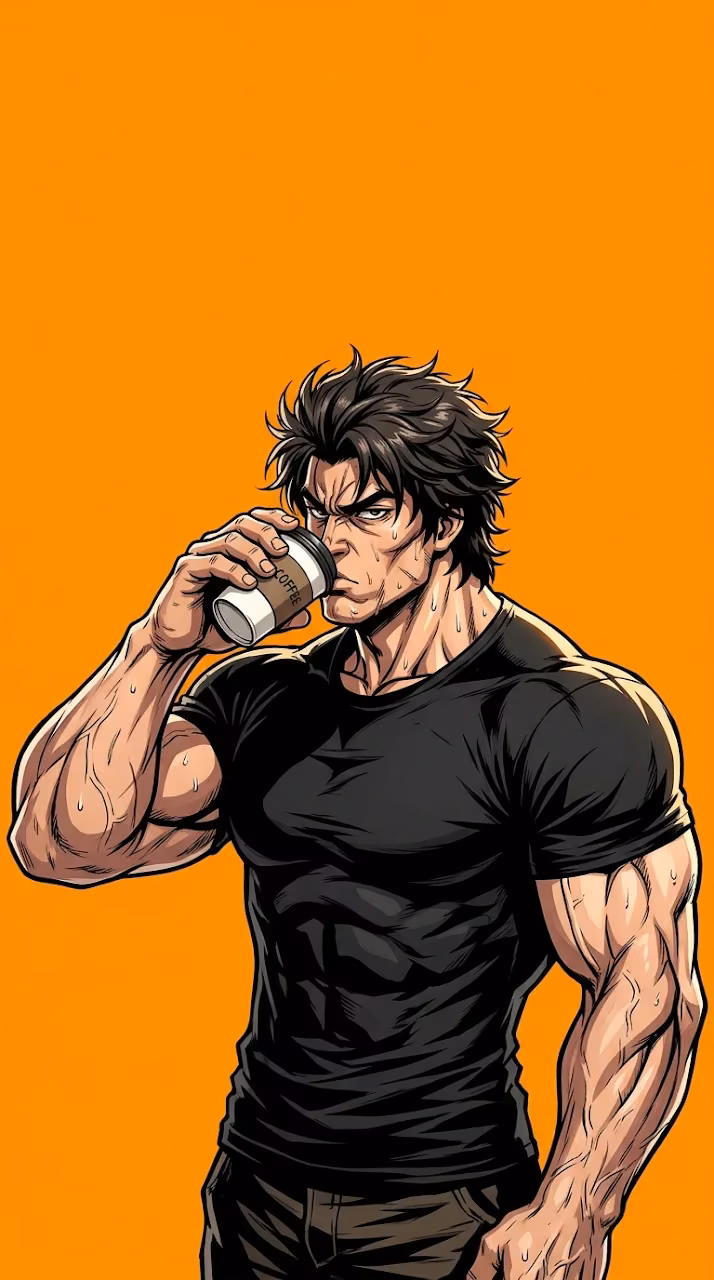 Anime Style Illustration of a Muscular Man Drinking Coffee on Orange Background - Free Mobile AMOLED Wallpaper Background