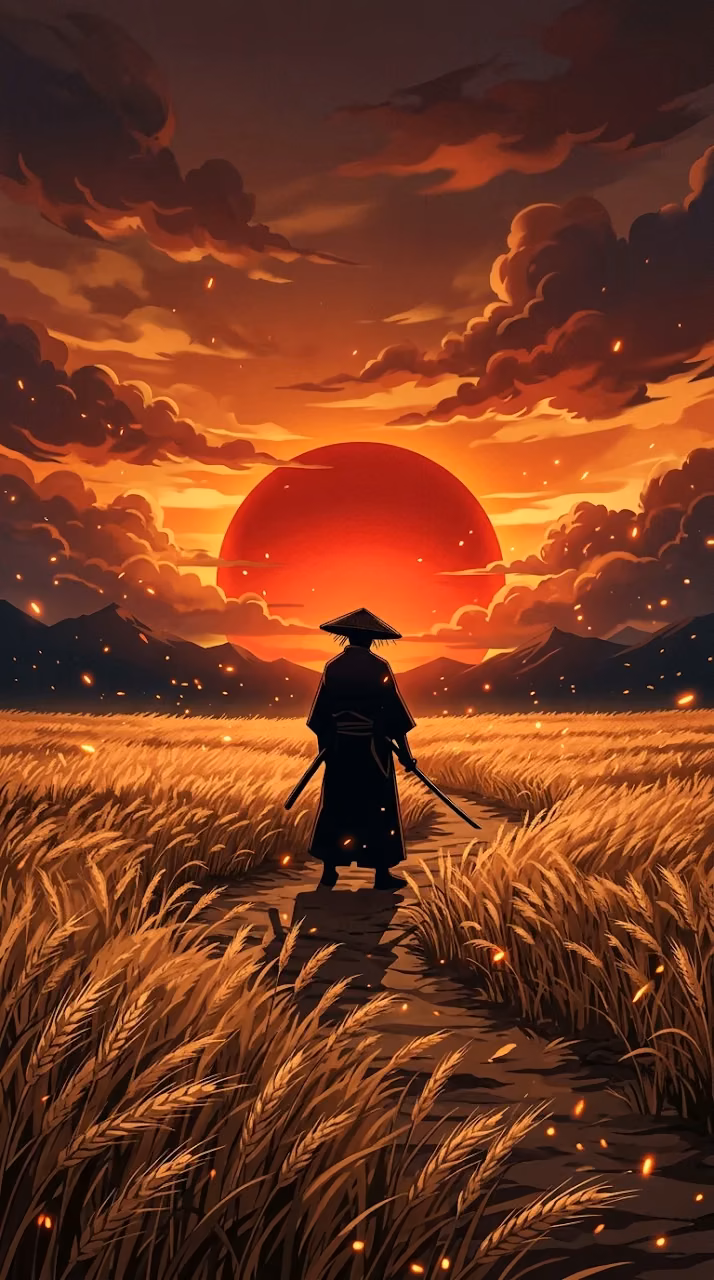 Anime Style Illustration of a Samurai at Sunset in a Wheat Field - Free Mobile AMOLED Wallpaper Background