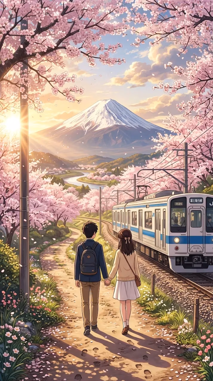 Anime Style Illustration of a Couple Holding Hands by a Train and Cherry Blossoms - Free Mobile AMOLED Wallpaper Background