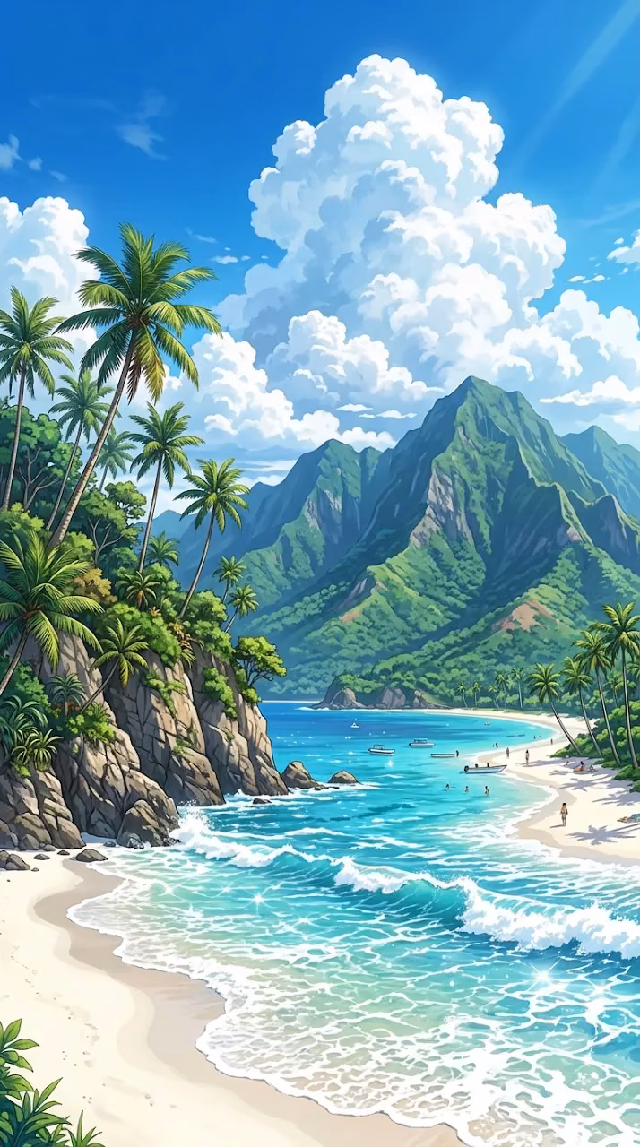 Download Anime Style Illustration of a Tropical Beach with Palm Trees and Lush Mountains Wallpaper in Mobile HD Anime Style Illustration of a Tropical Beach with Palm Trees and Lush Mountains - Free Mobile AMOLED Wallpaper Background