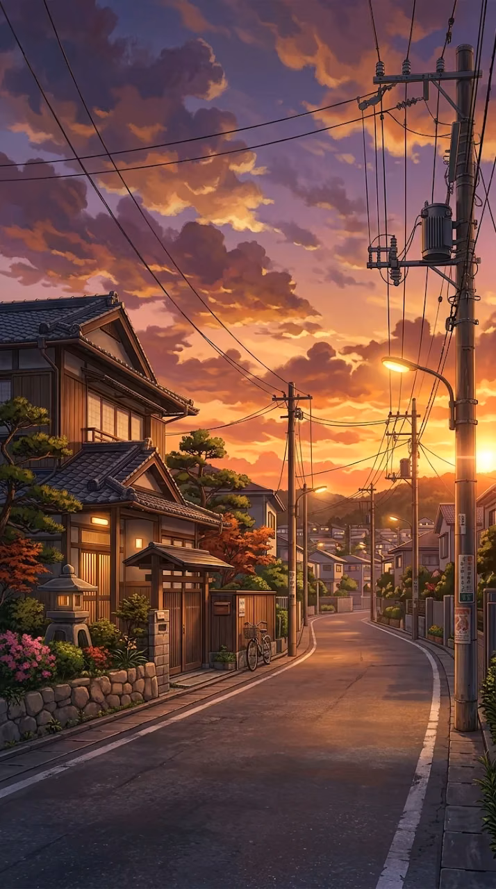 Download Anime-Style Illustration of a Japanese Street During a Vibrant Sunset Wallpaper in Mobile HD Anime-Style Illustration of a Japanese Street During a Vibrant Sunset - Free Mobile AMOLED Wallpaper Background
