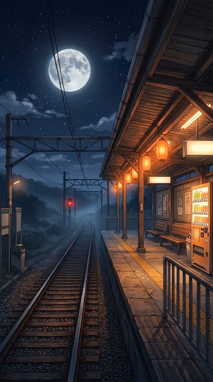 Download Anime Style Illustration of an Empty Train Station Platform Under a Full Moon Wallpaper in Mobile HD Anime Style Illustration of an Empty Train Station Platform Under a Full Moon - Free Mobile AMOLED Wallpaper Background