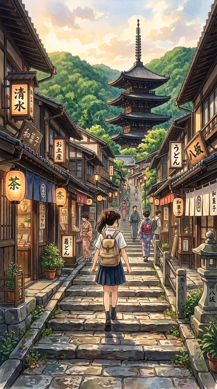 Anime Style Illustration of a Girl Walking Up a Stone Street in Kyoto - Free Mobile AMOLED Wallpaper Background