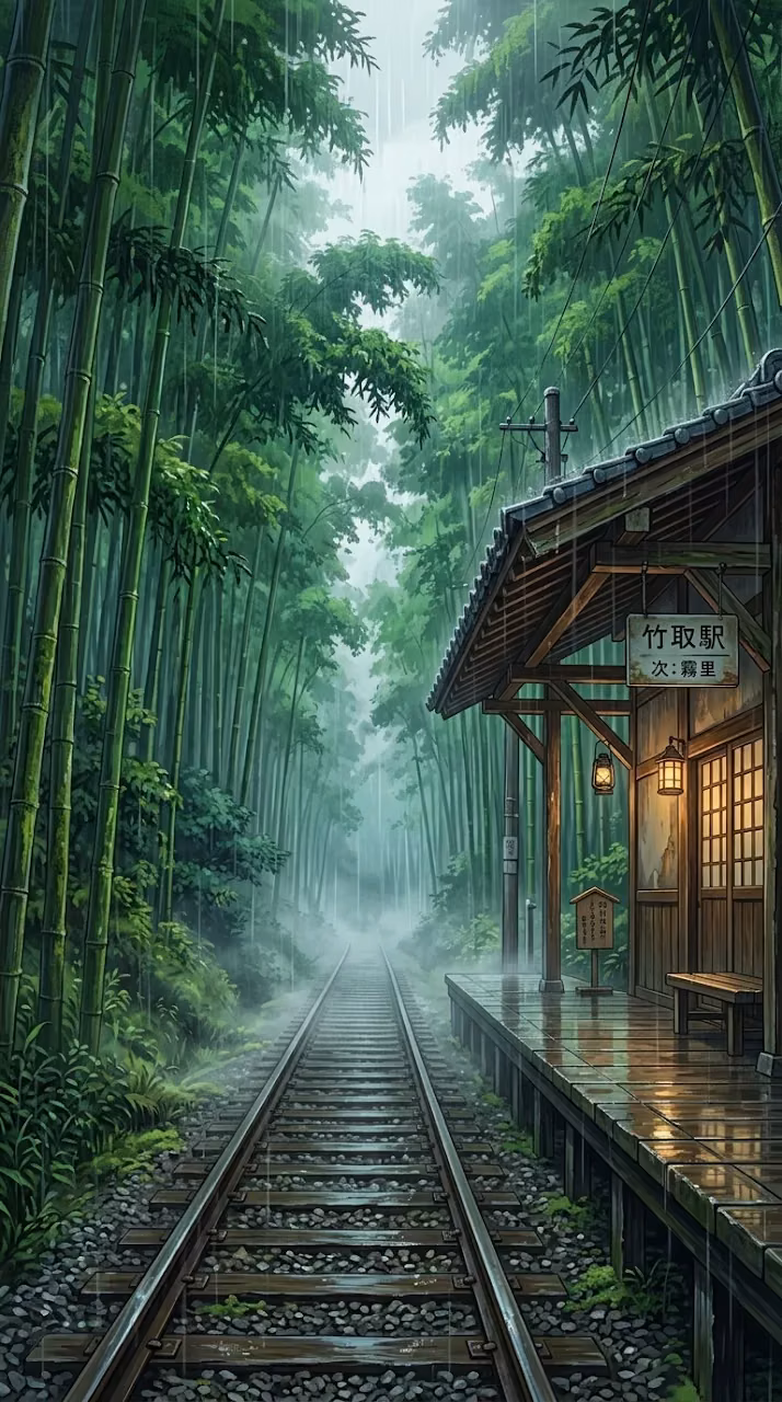 Download Anime Style Illustration of a Rainy Train Station in a Bamboo Forest Wallpaper in Mobile HD Anime Style Illustration of a Rainy Train Station in a Bamboo Forest - Free Mobile AMOLED Wallpaper Background