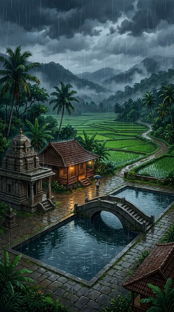 Anime-Style Illustration of a South Indian Temple in Monsoon Rain - Free Mobile AMOLED Wallpaper Background