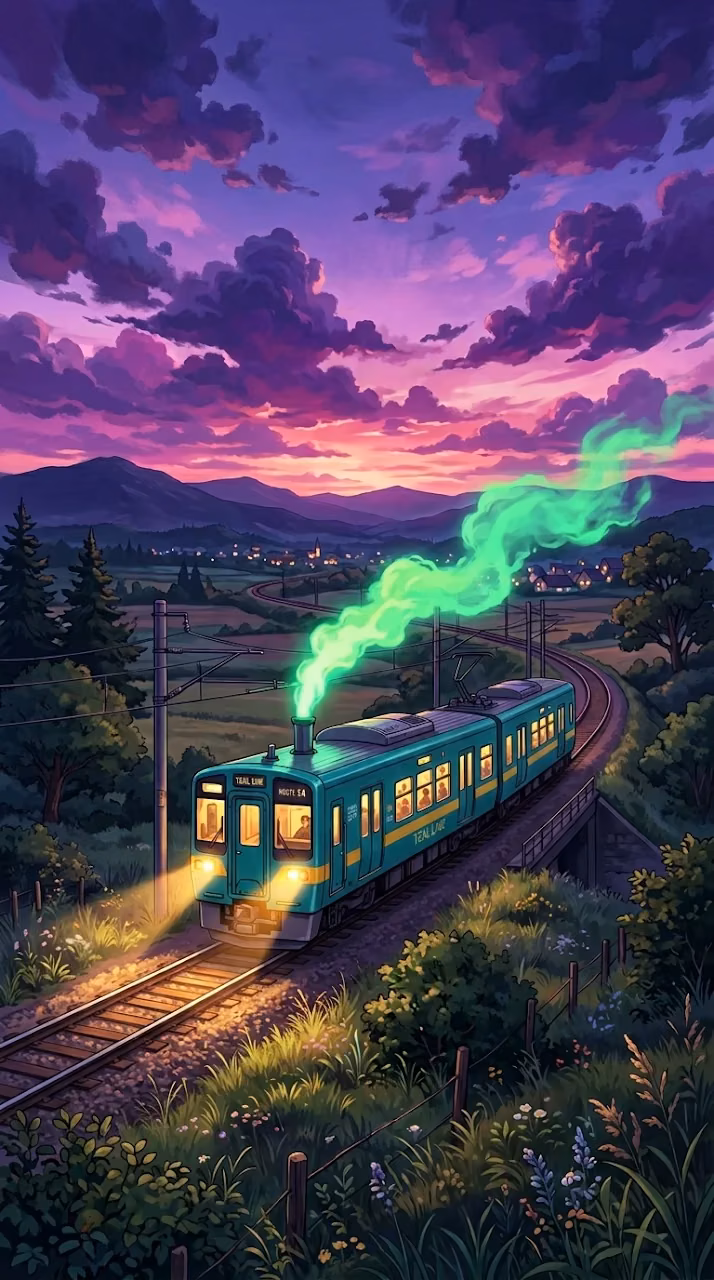 Anime Style Illustration of a Train on Tracks at Dusk with Vibrant Purple Clouds - Free Mobile AMOLED Wallpaper Background