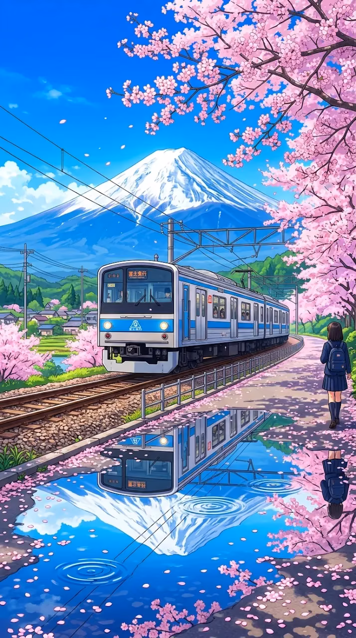 Anime Style Illustration of a Train Passing Mount Fuji with Puddle Reflection - Free Mobile AMOLED Wallpaper Background