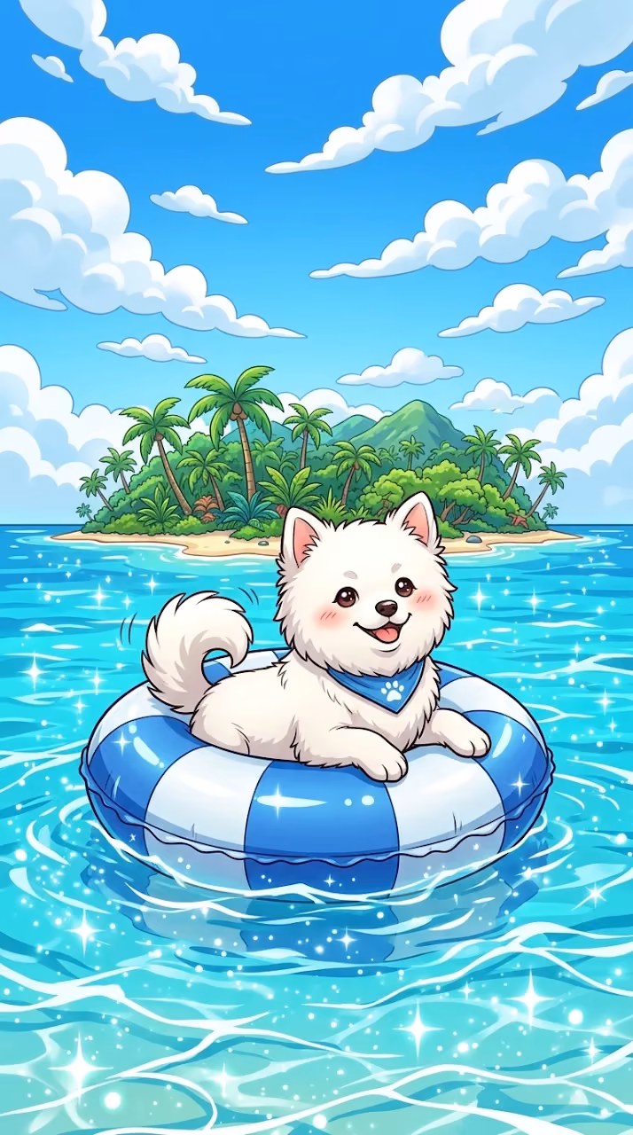 Anime Style Illustration of a White Dog Floating on a Tube in the Ocean - Free Mobile AMOLED Wallpaper Background