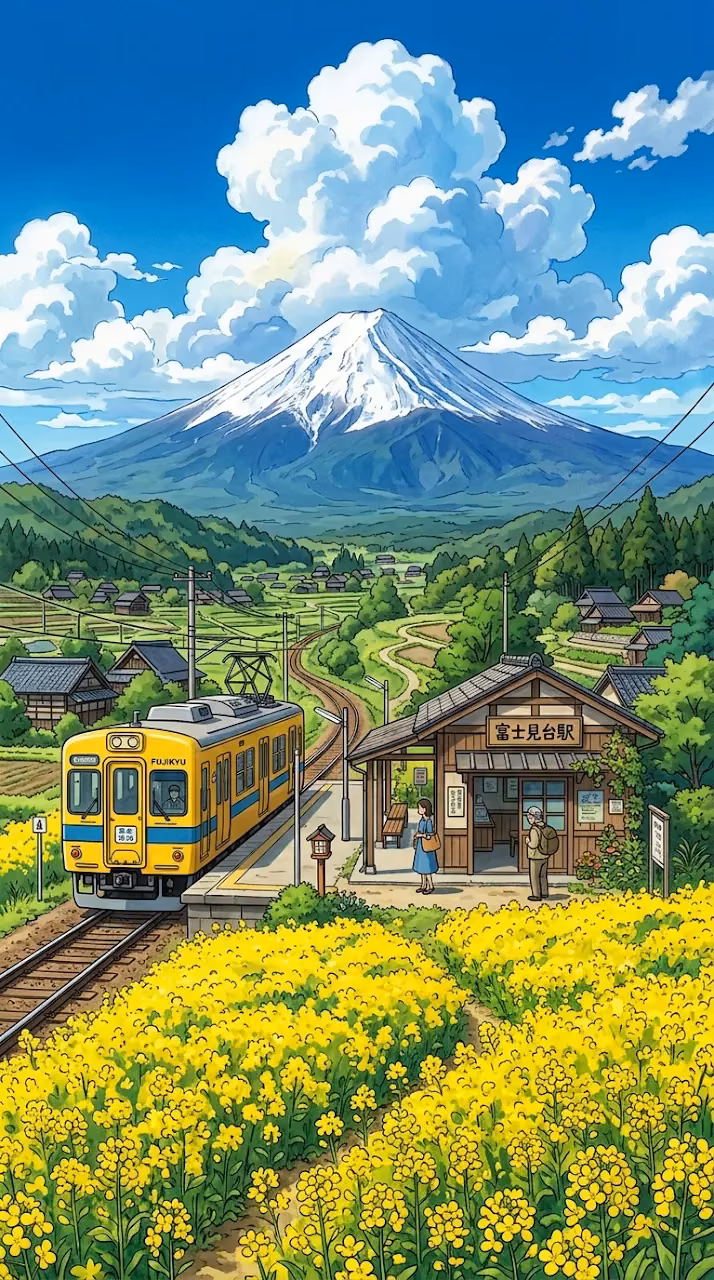 Download Anime Style Landscape of a Yellow Train at a Rural Station with Mt. Fuji Wallpaper in Mobile HD Anime Style Landscape of a Yellow Train at a Rural Station with Mt. Fuji - Free Mobile AMOLED Wallpaper Background