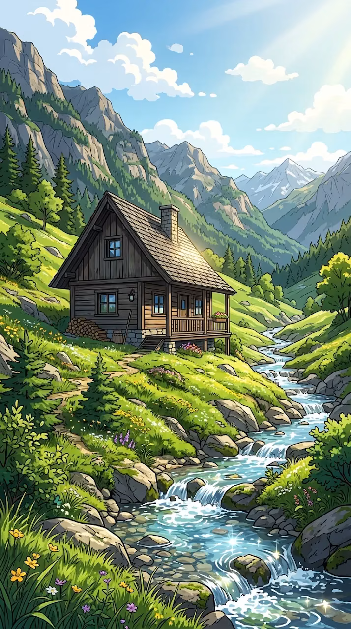 Anime Style Mountain Cabin Landscape - Free Mobile AMOLED Wallpaper Background