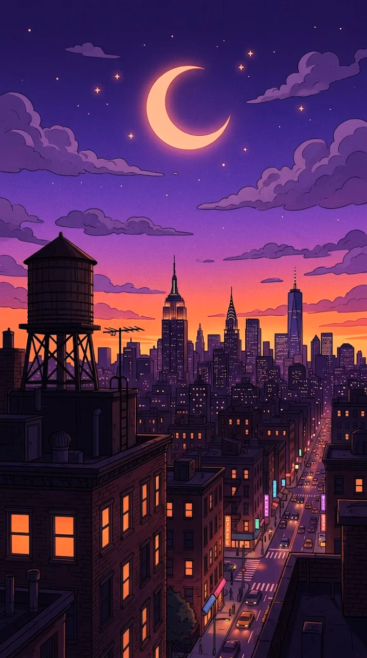 Anime Style New York City Apartment Buildings at Sunset - Free Mobile AMOLED Wallpaper Background