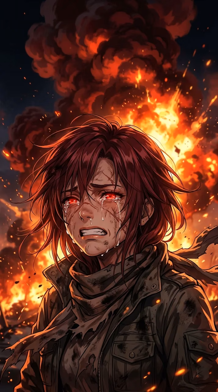 Anime Style Portrait of a Distressed Woman against a Background of Fire and Smoke - Free Mobile AMOLED Wallpaper Background