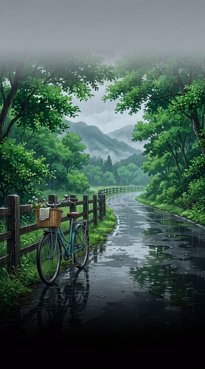 Anime Style Rainy Forest Road and Bicycle Wallpaper - Free Mobile AMOLED Wallpaper Background