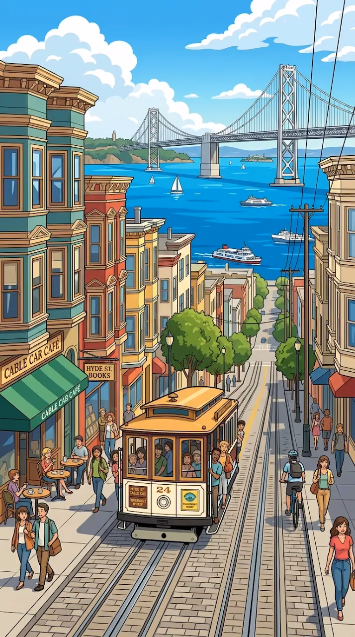 Download Anime Style San Francisco Street and Bay Bridge Illustration Wallpaper in Mobile HD Anime Style San Francisco Street and Bay Bridge Illustration - Free Mobile AMOLED Wallpaper Background