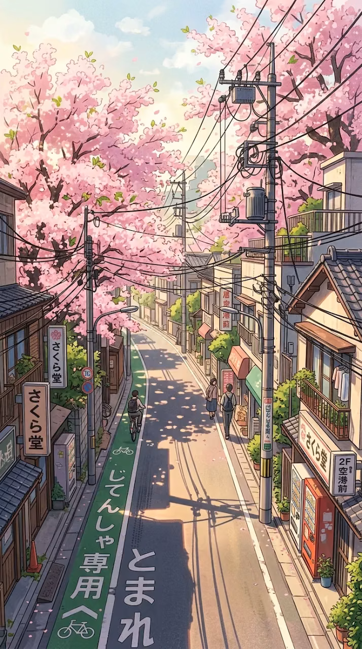 Anime Style Street Scene with Pink Cherry Blossoms and Japanese Road Markings - Free Mobile AMOLED Wallpaper Background
